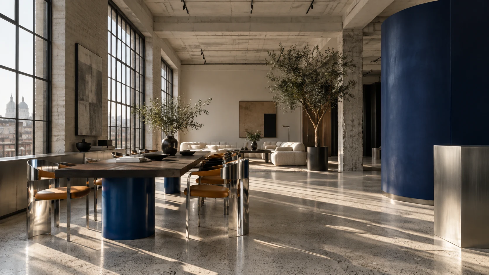 Architectural concept: a light-filled workspace with an oak table, steel chairs and a blue curved partition